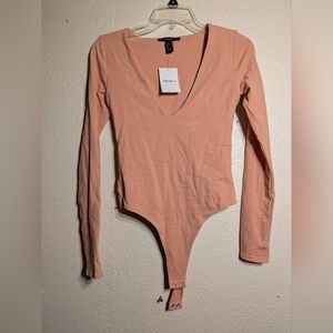 Forever 21 Orange Pink Asymmetrical Long Sleeve Bodysuit Size Small